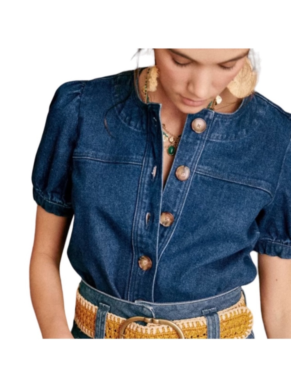 Sezane Dark Blue Denim Lula Puff-Sleeve Button Top